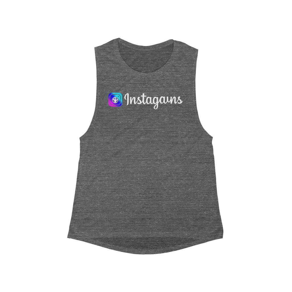 Instagains - Women's Flowy Muscle Tank - White Text